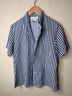 VTG Anne Carson 100% Silk Blue White striped Collared Button Up Blouse. Small